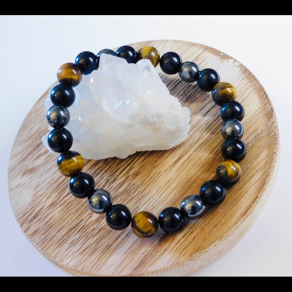 Triple Power Protection Crystal Bead Bracelet Hematite Obsidian Tiger Eye